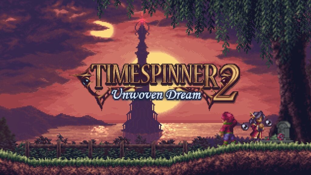 The cover image for Timespinner 2: Unwoven Dream. A tower on the sea is in the background. A pixel character in the foreground looks out towards it while another looks away from it.