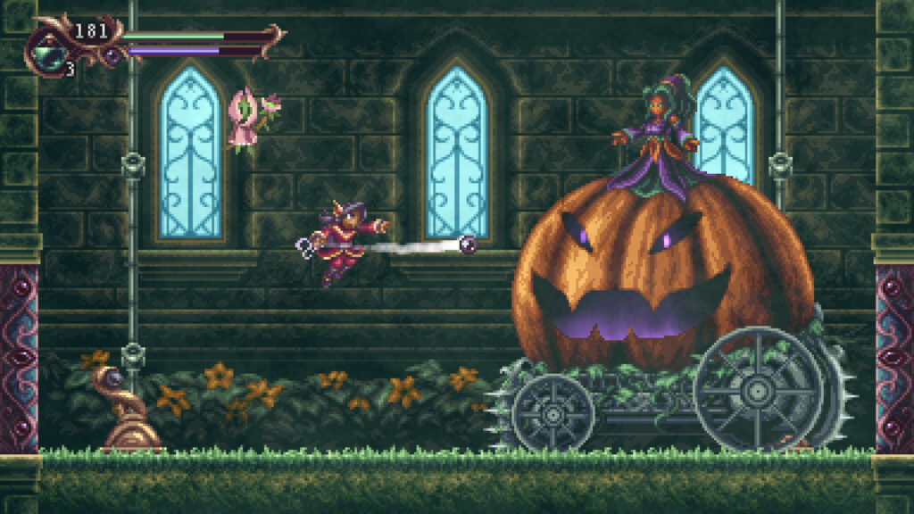 A pixel art scene inside a church. A character rides a large jack o' lantern on wheels and is battling a character throwing magical orbs.
