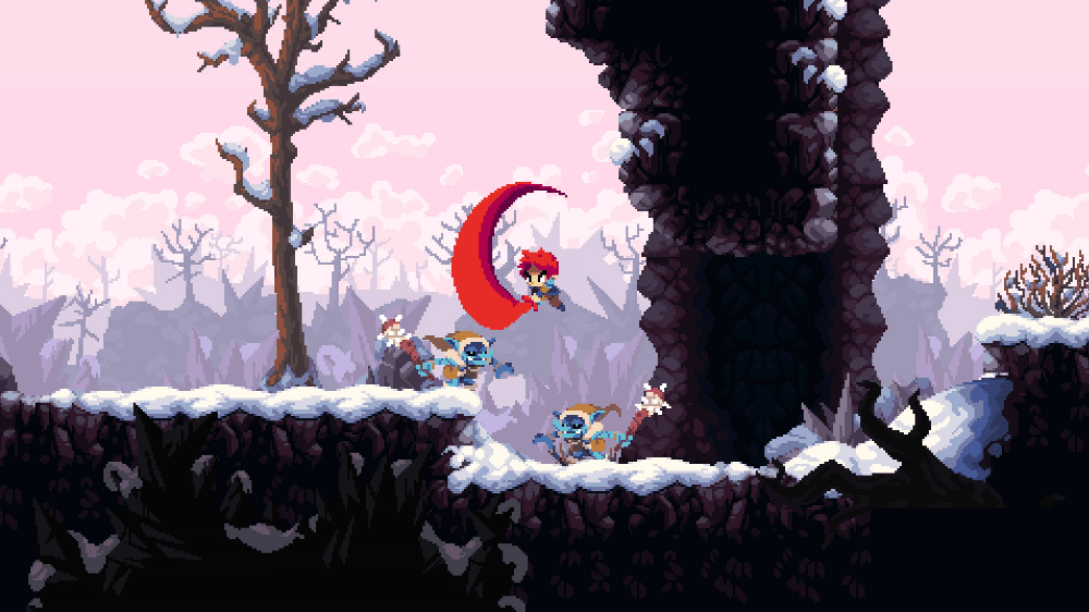 A pixel art scene from Flynn: Son of Crimson depicting a snowy landscape at sunset. A young boy leaps in the air swinging a crimson sword down upon a goblin.