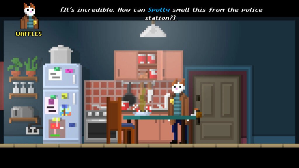 A chunky pixel art scene of a kitchen. A white cat detective with brown ears stands behind a dining table with cabinets and appliances in the background. Text at the top of the image reads "It's incredible. How can Spotty smell this from the police station?"