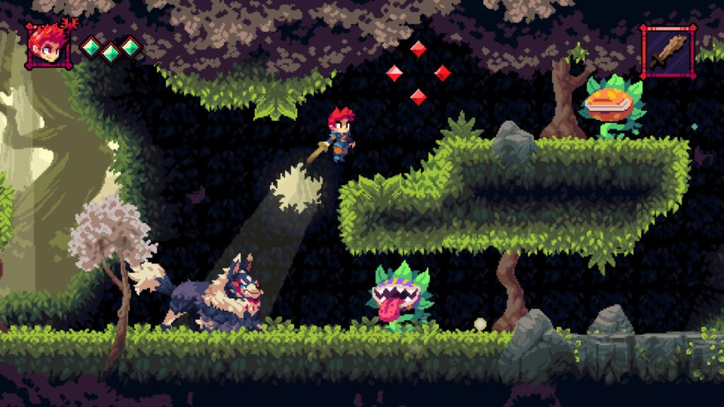 A pixel art forest scene with a leafy platformer suspended above the floor. A young boy with red jumps from the ground towards the platform swinging a wooden sword. A giant hairy dog stands below him growling. Two man-eating plants are placed to the right of them, one on the suspended platform.