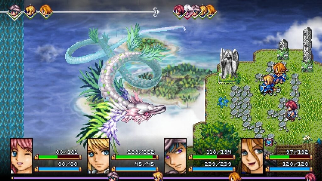 A pixel art scene depicting a fantasy turn-based battle. The characters' pictures and stats are placed at the bottom of the image. Above is a large iridescent dragon floating in the air on the left and the characters placed on the grassy ground to the right. Crumbling statues and obelisks are near them. At the top is a line with the characters' sprites, indicating the turn order.