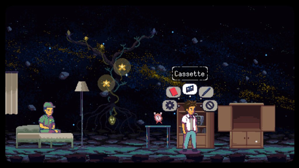 A pixel art scene depicting a dreamscape of deep space. A tired man sits on a bed to the left with a tree blooming yellow flowers in the centre. A young man stands to the right in front of a set of shelves and an open wardrobe. Icons indicating action float above his head. The 'Cassette' action is highlighted.